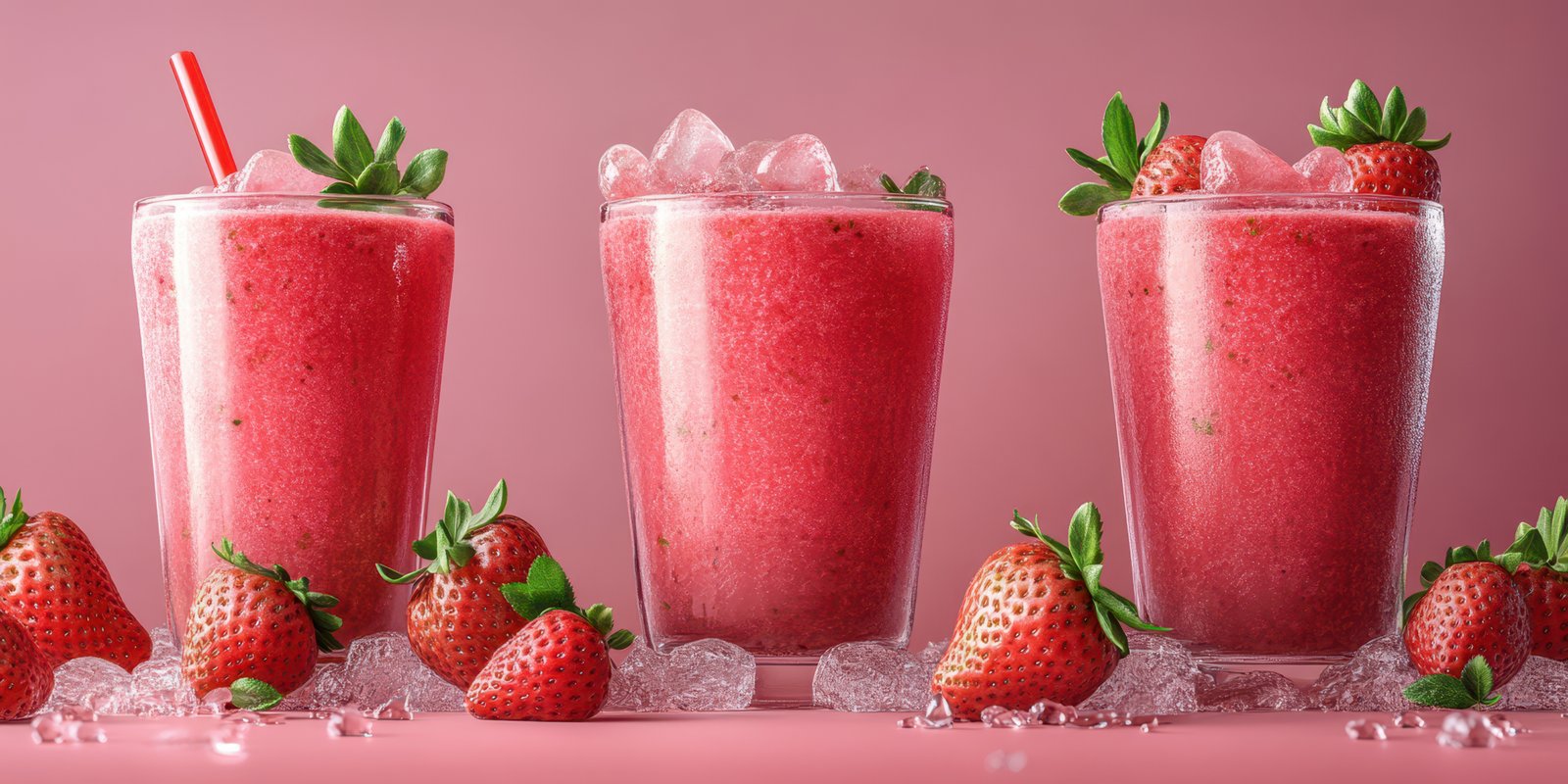 Refreshing strawberry smoothies served in clear glasses with ice on a pink background